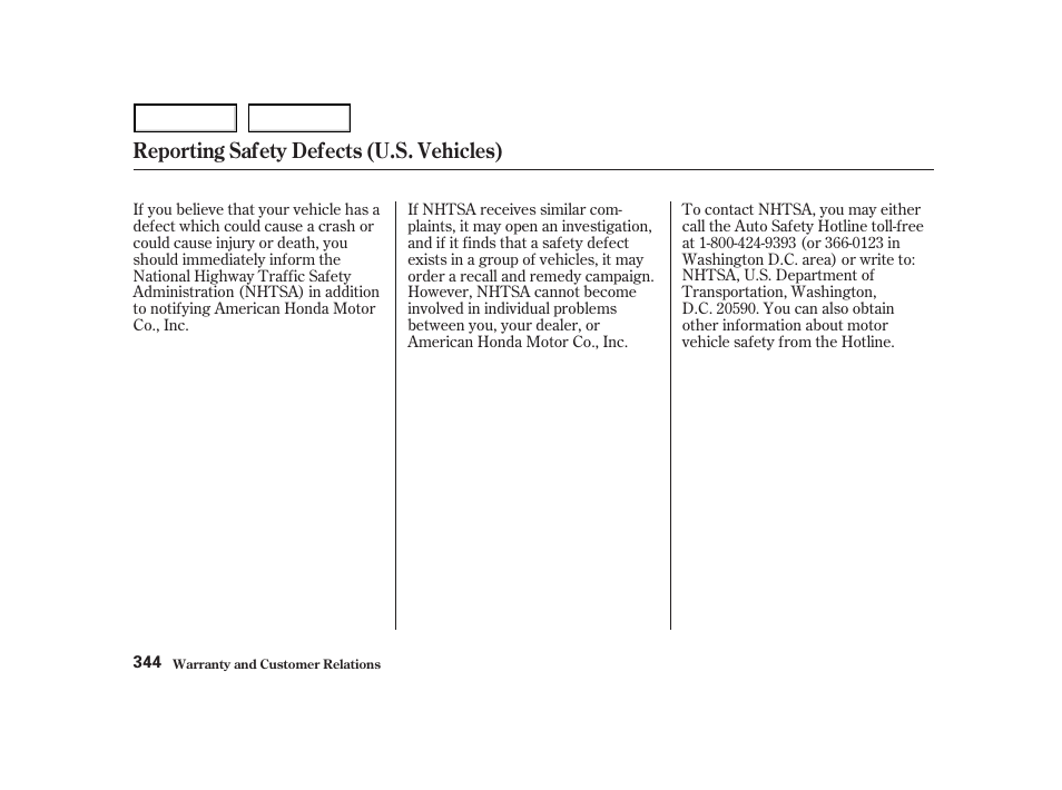 Reporting safety defects (u.s. vehicles) | HONDA 2001 Accord Coupe - Owner's Manual User Manual | Page 347 / 359