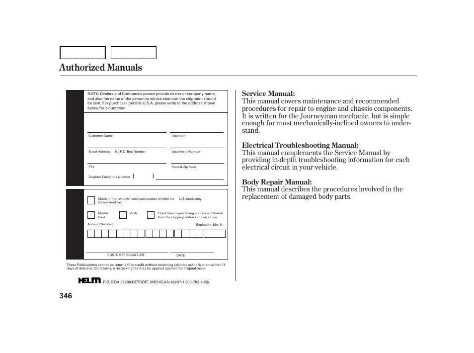 Authorized manuals | HONDA 2001 Accord Coupe - Owner's Manual User Manual | Page 349 / 359