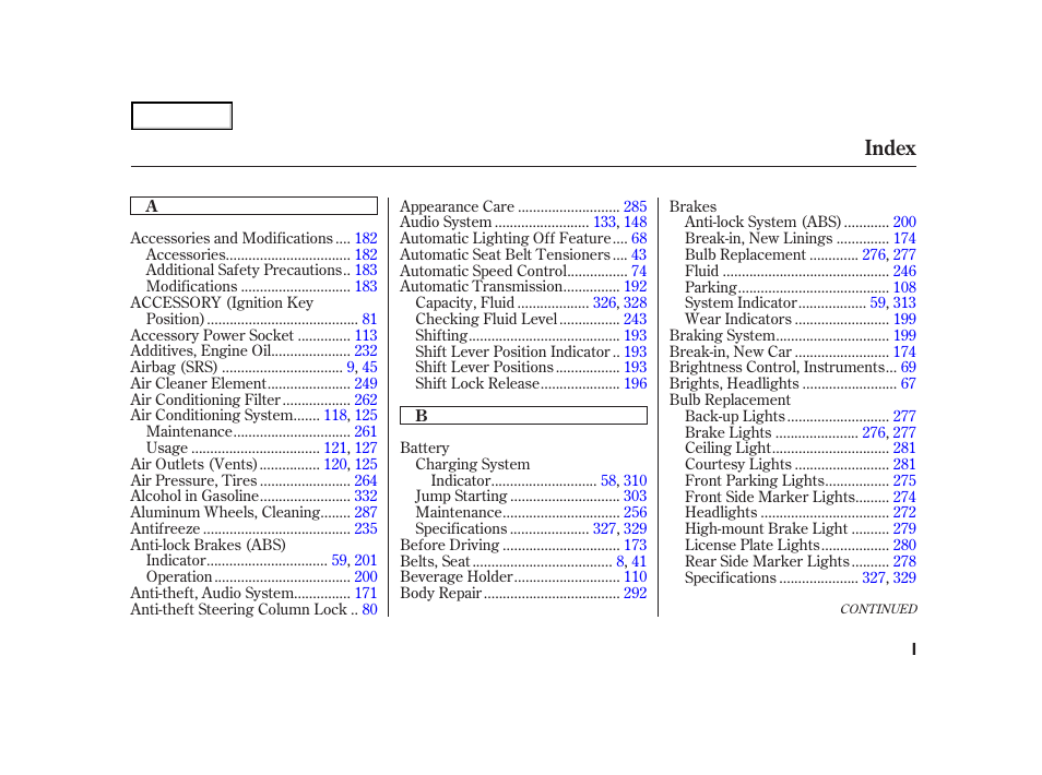 Index | HONDA 2001 Accord Coupe - Owner's Manual User Manual | Page 350 / 359