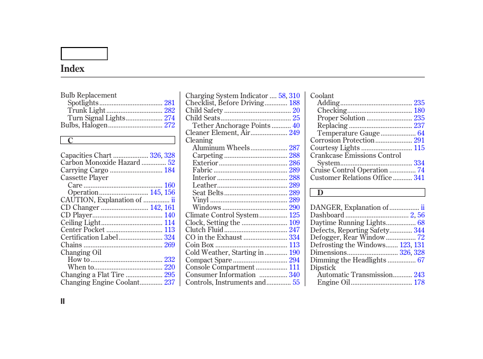 Index | HONDA 2001 Accord Coupe - Owner's Manual User Manual | Page 351 / 359