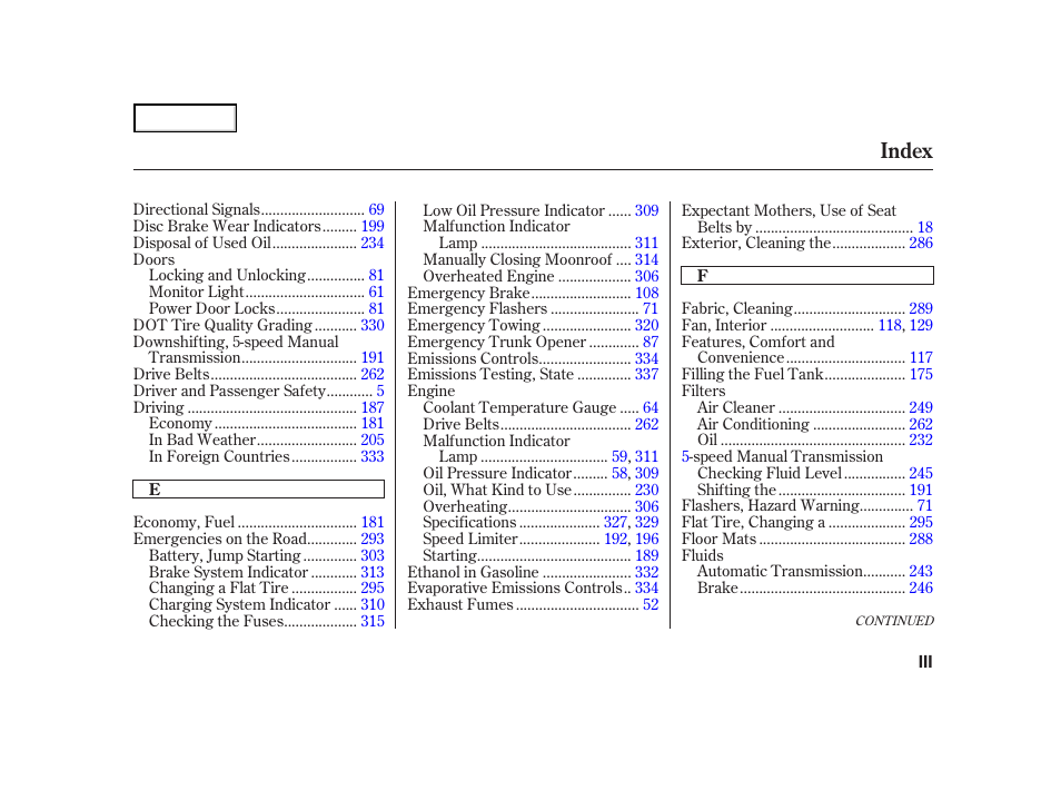 Index | HONDA 2001 Accord Coupe - Owner's Manual User Manual | Page 352 / 359