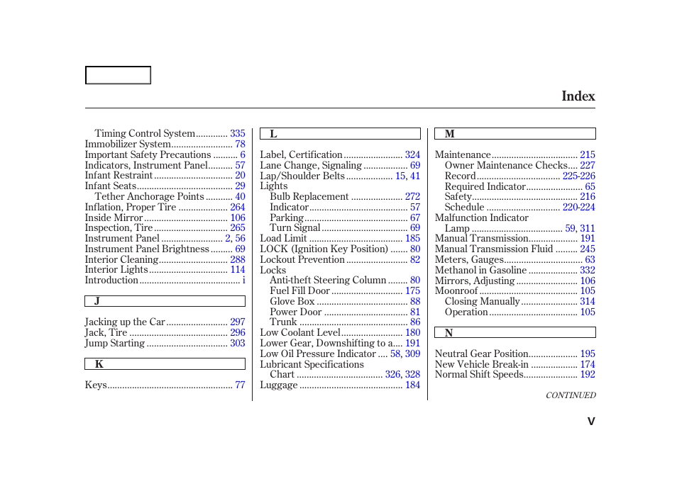 Index | HONDA 2001 Accord Coupe - Owner's Manual User Manual | Page 354 / 359