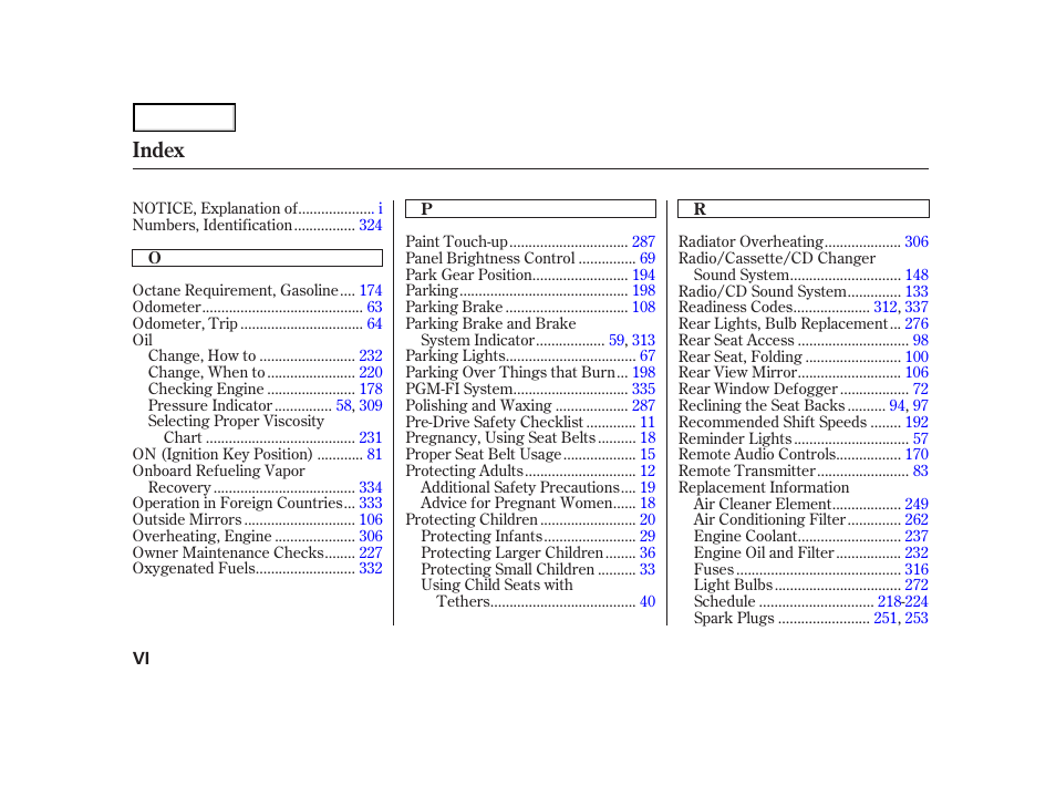 Index | HONDA 2001 Accord Coupe - Owner's Manual User Manual | Page 355 / 359