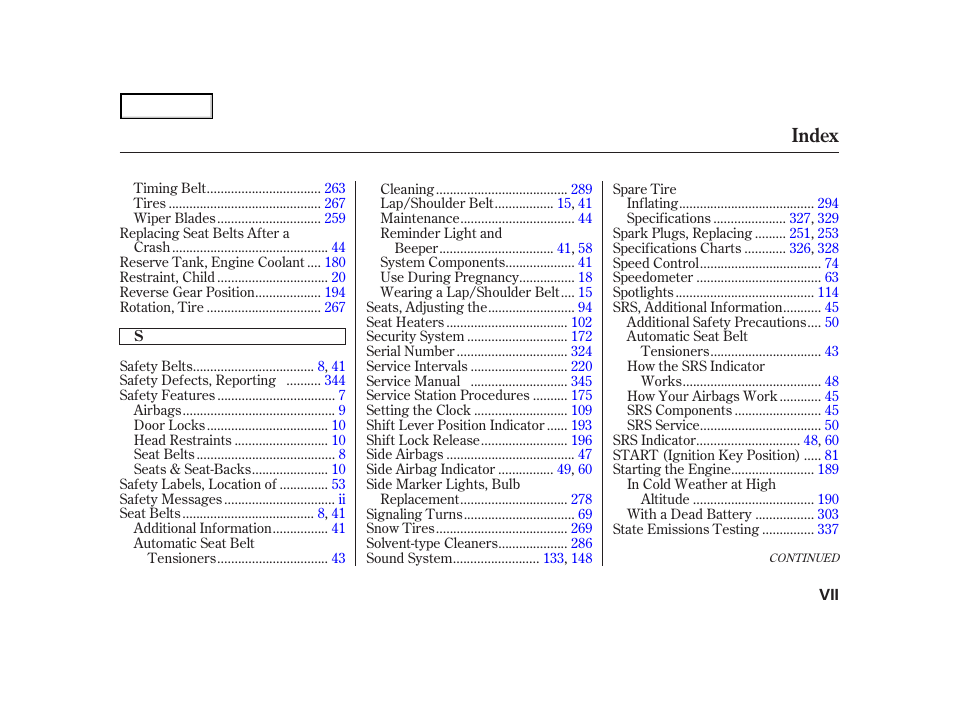 Index | HONDA 2001 Accord Coupe - Owner's Manual User Manual | Page 356 / 359