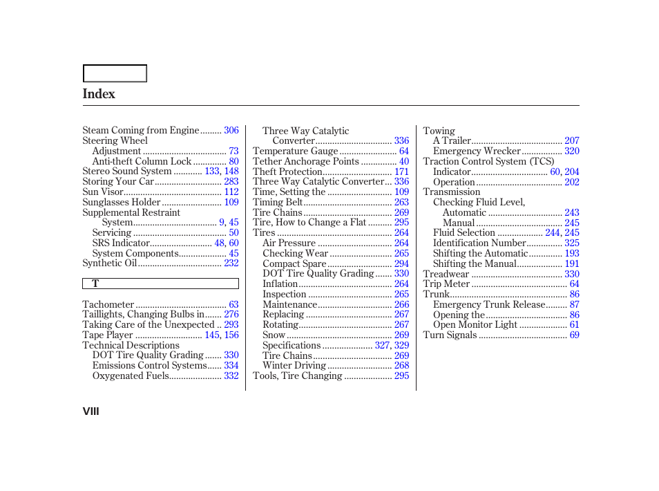 Index | HONDA 2001 Accord Coupe - Owner's Manual User Manual | Page 357 / 359