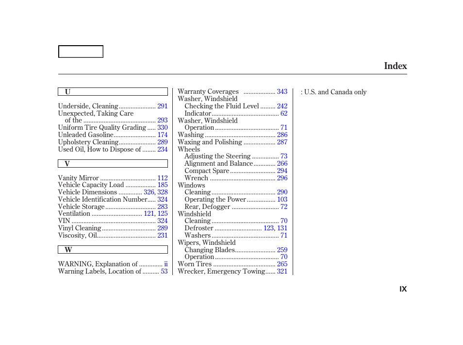 Index | HONDA 2001 Accord Coupe - Owner's Manual User Manual | Page 358 / 359