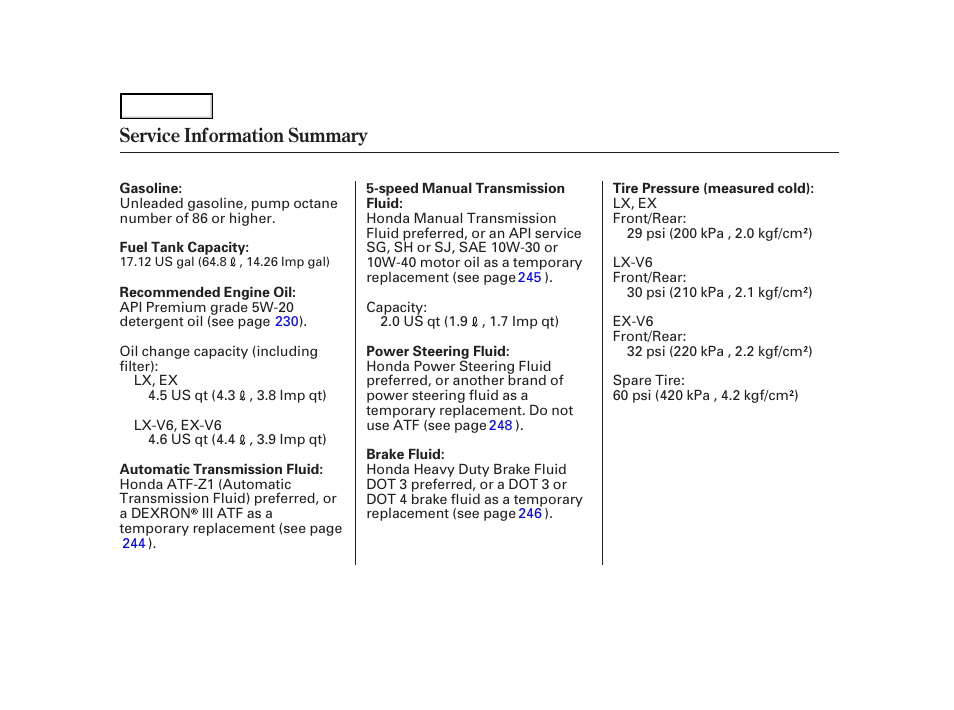 Service information summary | HONDA 2001 Accord Coupe - Owner's Manual User Manual | Page 359 / 359