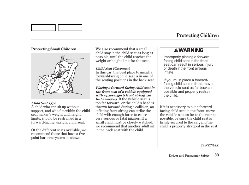 Protecting children | HONDA 2001 Accord Coupe - Owner's Manual User Manual | Page 36 / 359