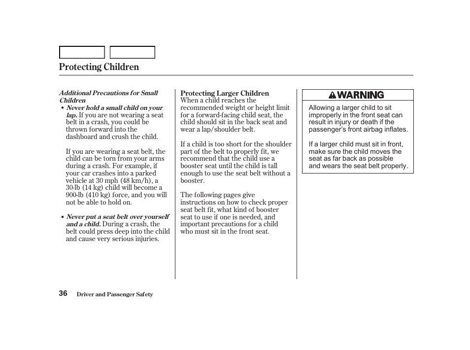 Protecting children | HONDA 2001 Accord Coupe - Owner's Manual User Manual | Page 39 / 359