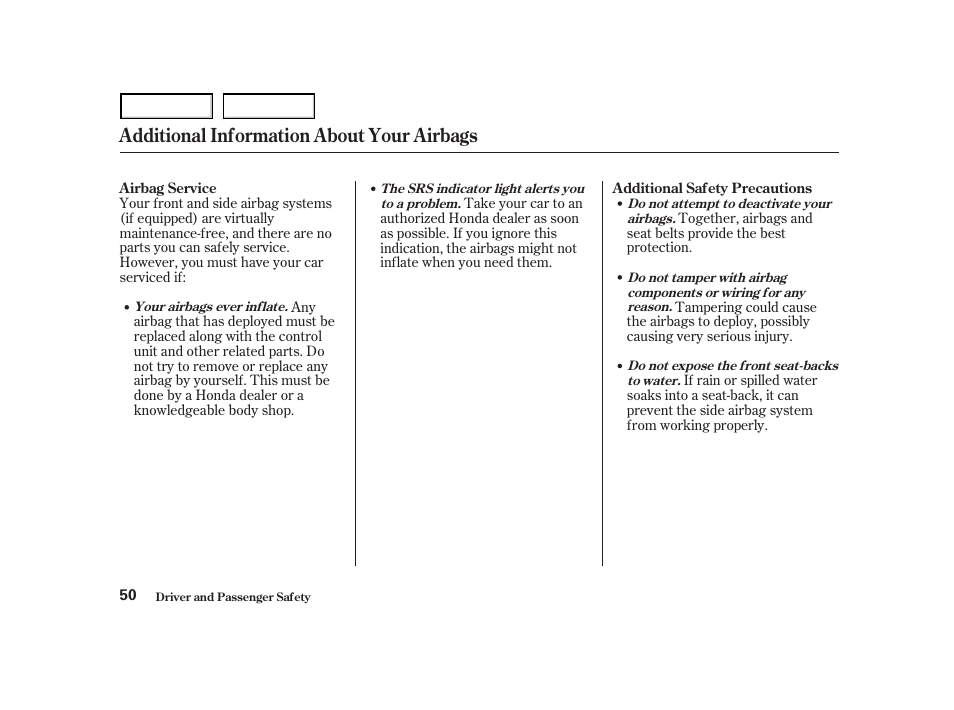 Additional information about your airbags | HONDA 2001 Accord Coupe - Owner's Manual User Manual | Page 53 / 359