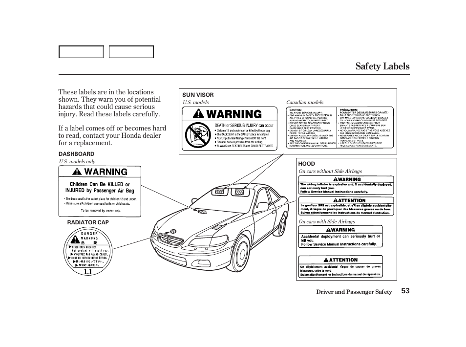 Safety labels | HONDA 2001 Accord Coupe - Owner's Manual User Manual | Page 56 / 359