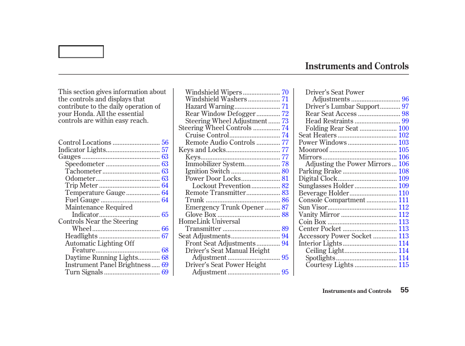 Instruments and controls | HONDA 2001 Accord Coupe - Owner's Manual User Manual | Page 58 / 359