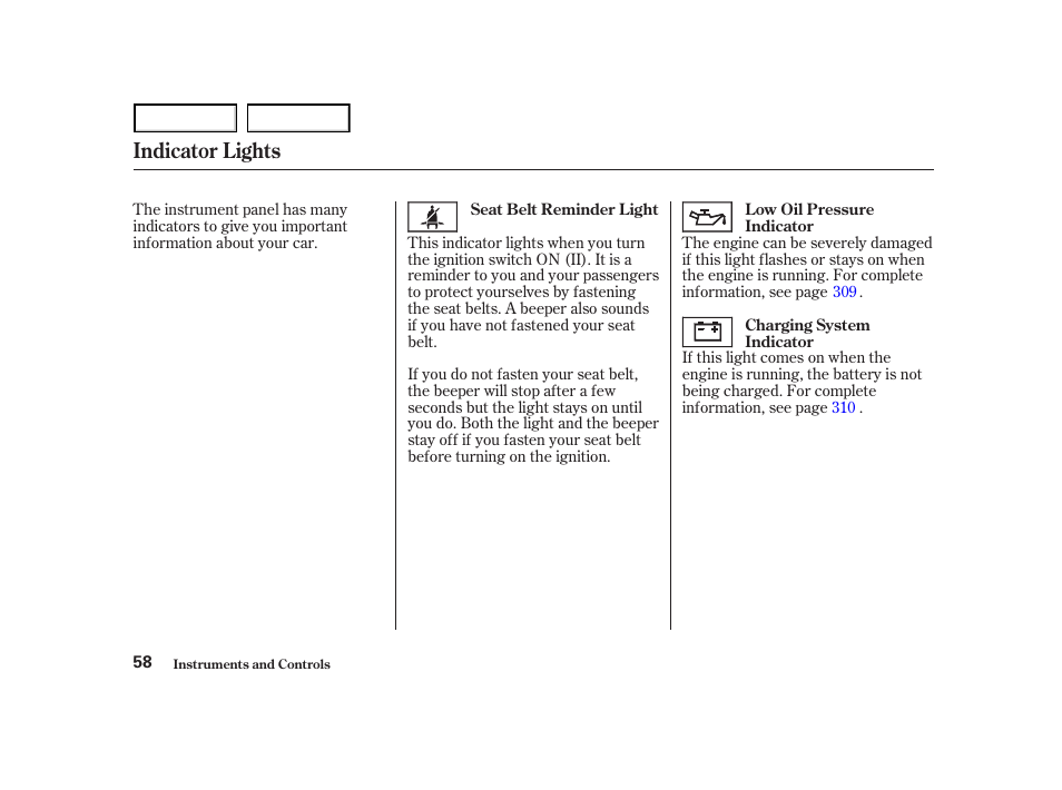 Indicator lights | HONDA 2001 Accord Coupe - Owner's Manual User Manual | Page 61 / 359