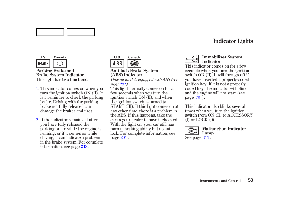 Indicator lights | HONDA 2001 Accord Coupe - Owner's Manual User Manual | Page 62 / 359