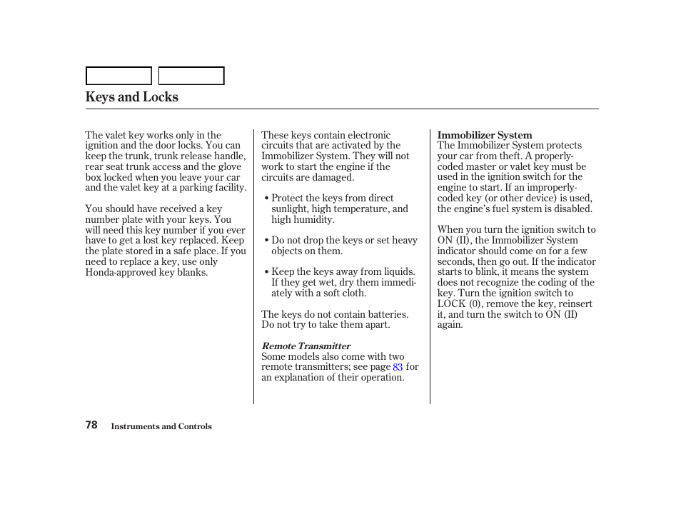 Keys and locks | HONDA 2001 Accord Coupe - Owner's Manual User Manual | Page 81 / 359