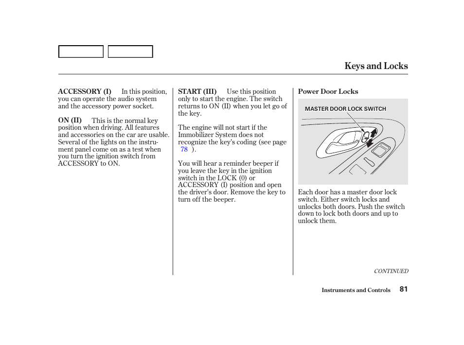 Keys and locks | HONDA 2001 Accord Coupe - Owner's Manual User Manual | Page 84 / 359