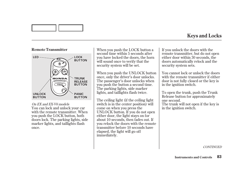 Keys and locks | HONDA 2001 Accord Coupe - Owner's Manual User Manual | Page 86 / 359