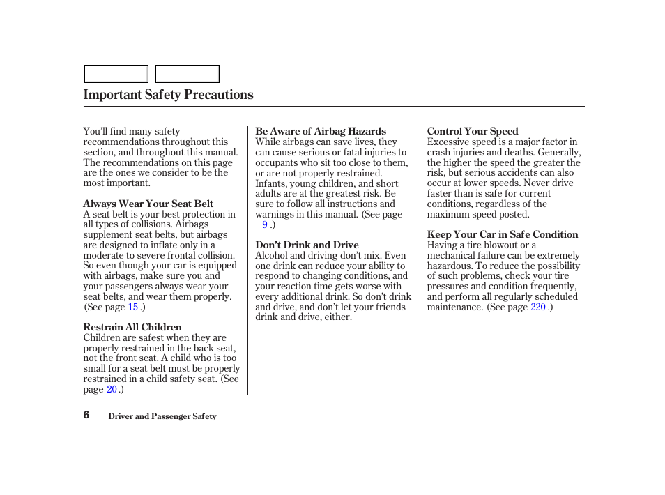 Important safety precautions | HONDA 2001 Accord Coupe - Owner's Manual User Manual | Page 9 / 359