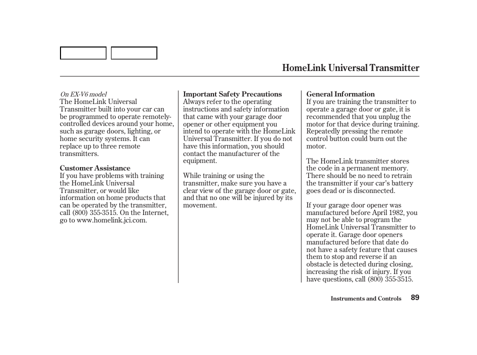 Homelink universal transmitter | HONDA 2001 Accord Coupe - Owner's Manual User Manual | Page 92 / 359