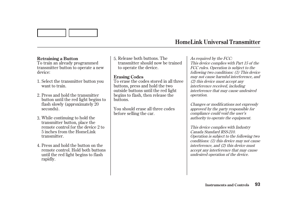 Homelink universal transmitter | HONDA 2001 Accord Coupe - Owner's Manual User Manual | Page 96 / 359