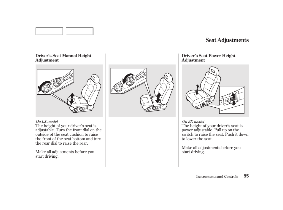 Seat adjustments | HONDA 2001 Accord Coupe - Owner's Manual User Manual | Page 98 / 359