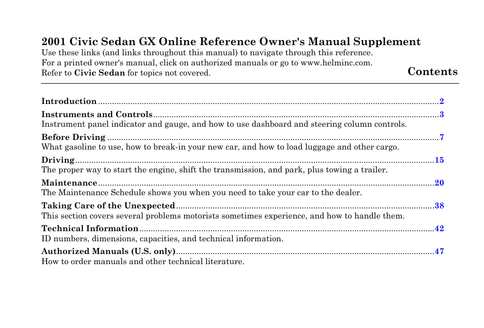 HONDA 2001 Civic GX - Owner's Manual User Manual | 48 pages