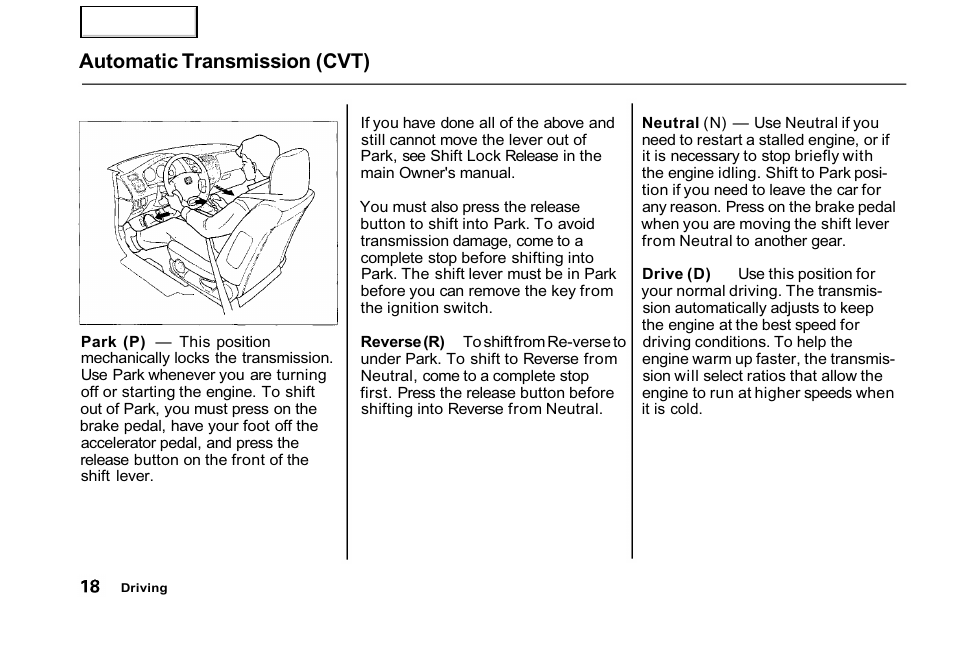 Automatic transmission (cvt) | HONDA 2001 Civic GX - Owner's Manual User Manual | Page 18 / 48