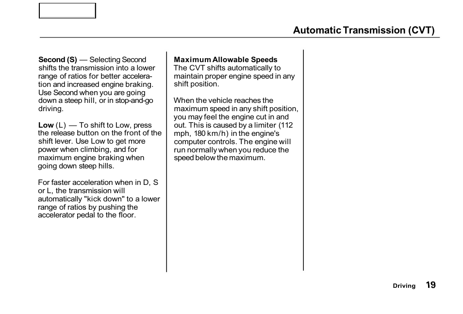 Automatic transmission (cvt) | HONDA 2001 Civic GX - Owner's Manual User Manual | Page 19 / 48