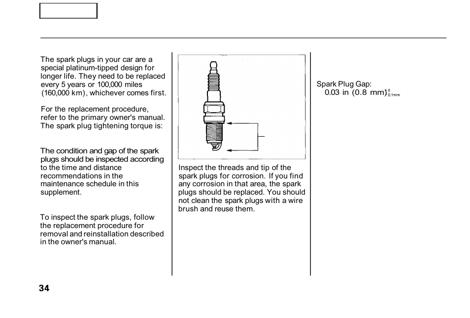 Spark plugs | HONDA 2001 Civic GX - Owner's Manual User Manual | Page 34 / 48