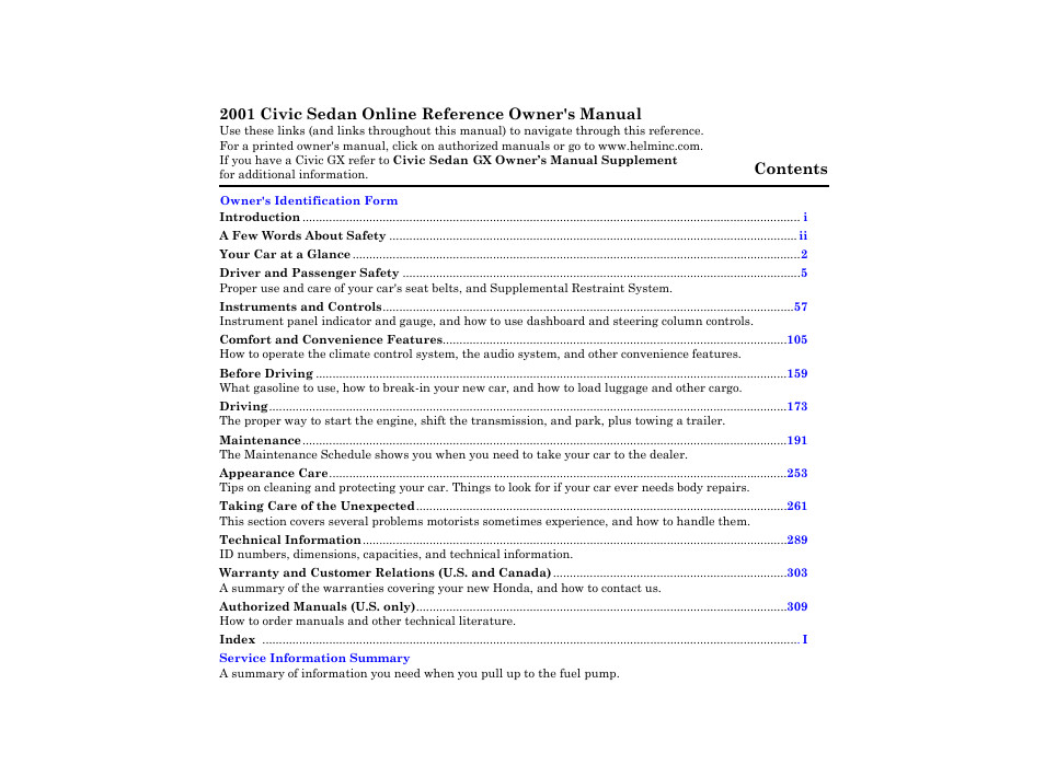 HONDA 2001 Civic Sedan - Owner's Manual User Manual | 323 pages