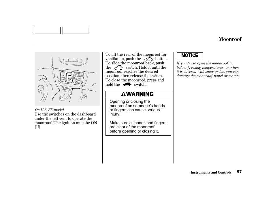 Moonroof | HONDA 2001 Civic Sedan - Owner's Manual User Manual | Page 100 / 323