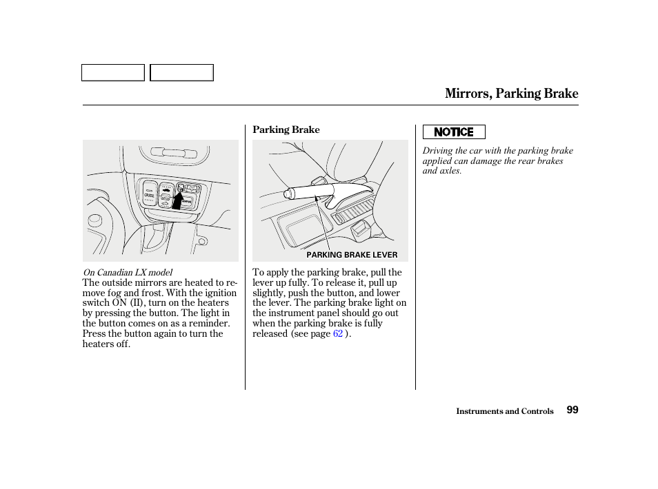 Mirrors, parking brake | HONDA 2001 Civic Sedan - Owner's Manual User Manual | Page 102 / 323