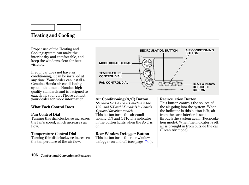 Heating and cooling | HONDA 2001 Civic Sedan - Owner's Manual User Manual | Page 109 / 323