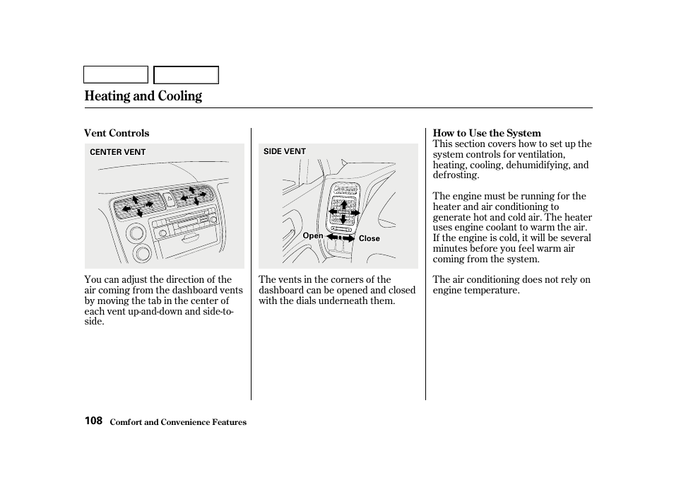 Heating and cooling | HONDA 2001 Civic Sedan - Owner's Manual User Manual | Page 111 / 323