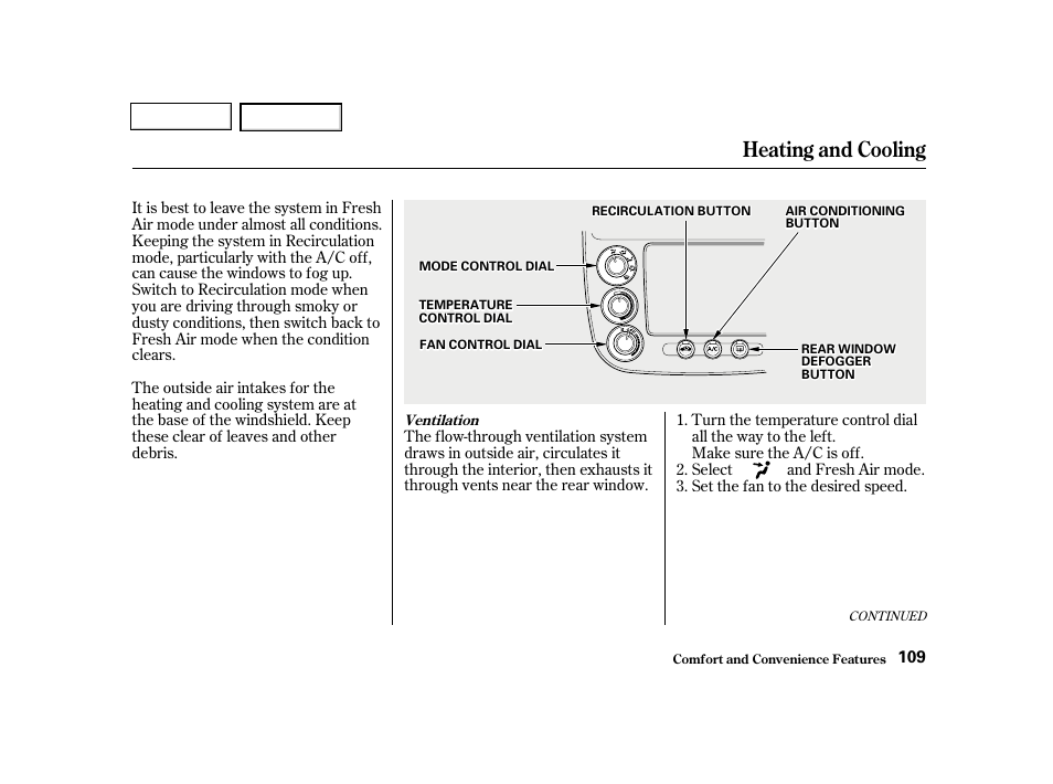 Heating and cooling | HONDA 2001 Civic Sedan - Owner's Manual User Manual | Page 112 / 323