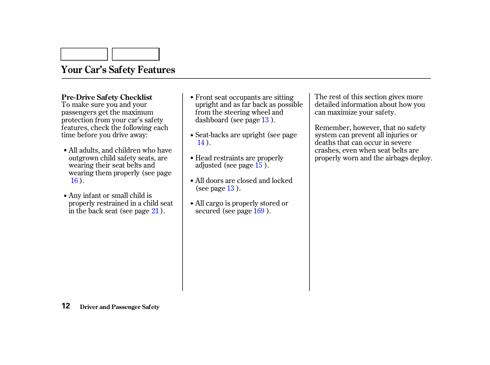 Your car’s safety features | HONDA 2001 Civic Sedan - Owner's Manual User Manual | Page 15 / 323