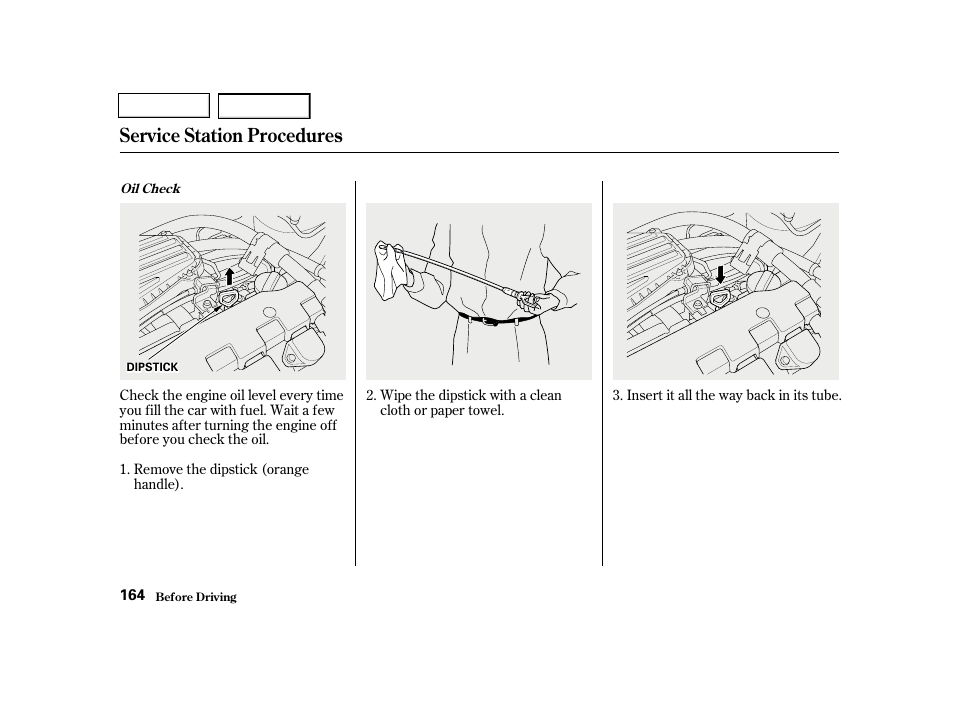 Service station procedures | HONDA 2001 Civic Sedan - Owner's Manual User Manual | Page 167 / 323