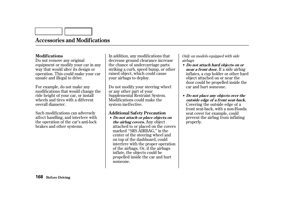Accessories and modifications | HONDA 2001 Civic Sedan - Owner's Manual User Manual | Page 171 / 323