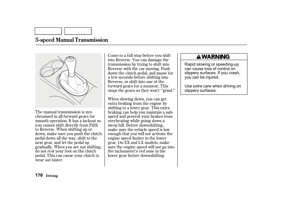 Speed manual transmission | HONDA 2001 Civic Sedan - Owner's Manual User Manual | Page 179 / 323