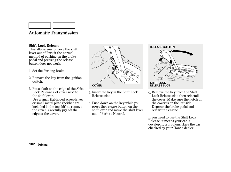 Automatic transmission | HONDA 2001 Civic Sedan - Owner's Manual User Manual | Page 185 / 323