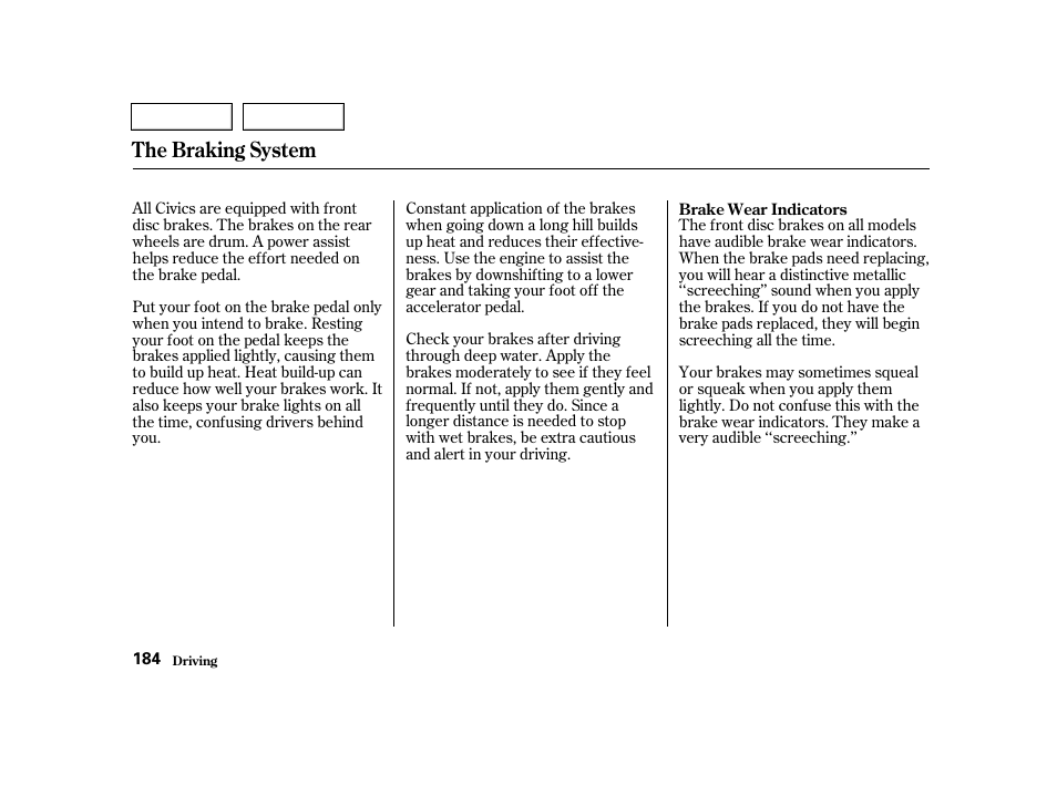 The braking system | HONDA 2001 Civic Sedan - Owner's Manual User Manual | Page 187 / 323