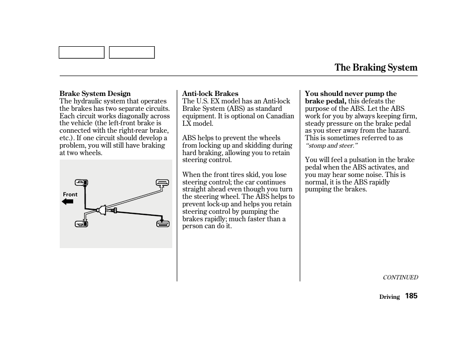 The braking system | HONDA 2001 Civic Sedan - Owner's Manual User Manual | Page 188 / 323