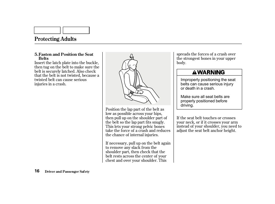 Protecting adults | HONDA 2001 Civic Sedan - Owner's Manual User Manual | Page 19 / 323