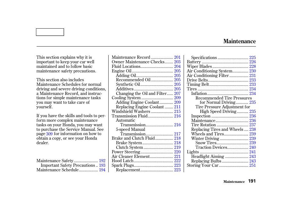 Maintenance | HONDA 2001 Civic Sedan - Owner's Manual User Manual | Page 194 / 323