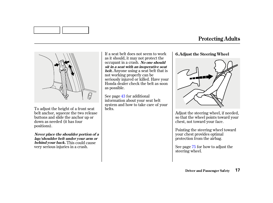 Protecting adults | HONDA 2001 Civic Sedan - Owner's Manual User Manual | Page 20 / 323