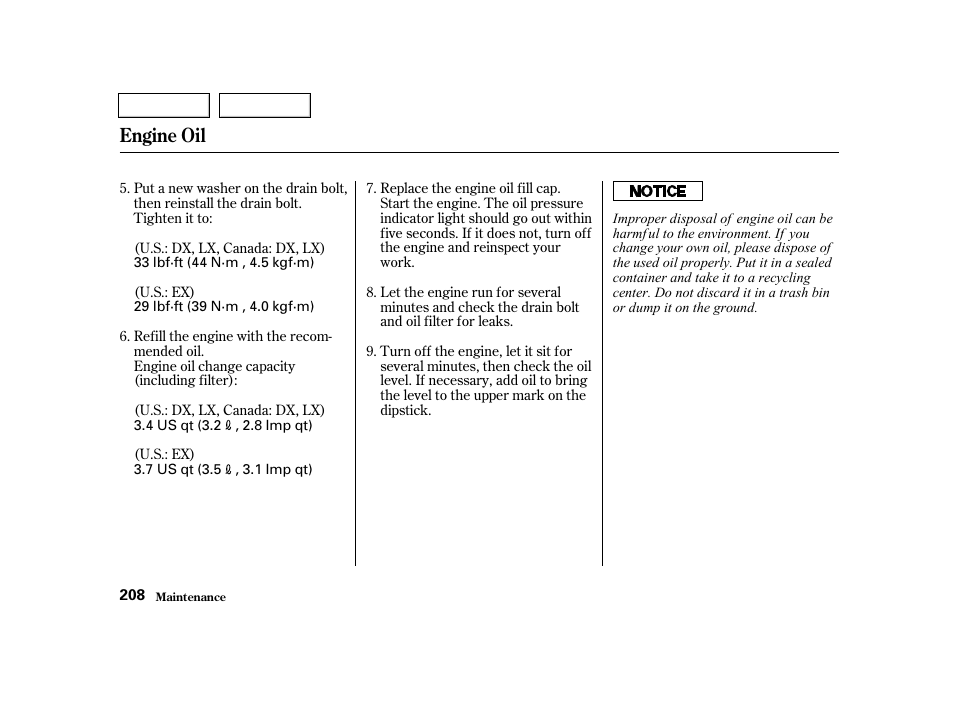 Engine oil | HONDA 2001 Civic Sedan - Owner's Manual User Manual | Page 211 / 323