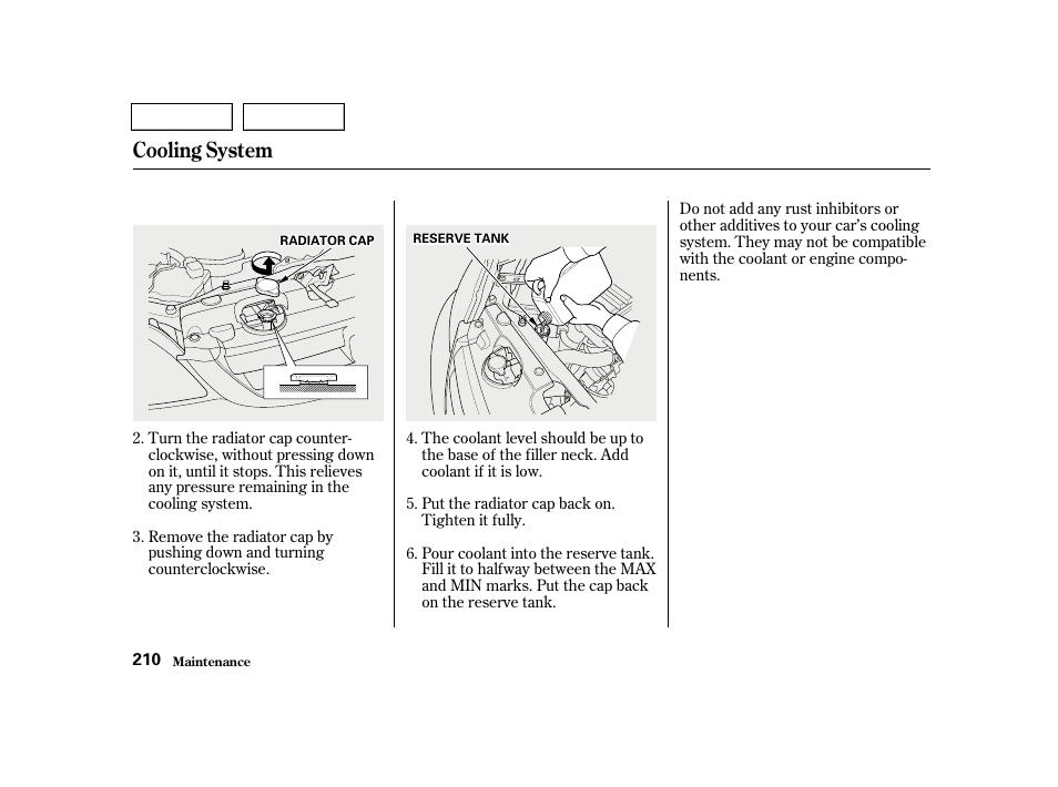 Cooling system | HONDA 2001 Civic Sedan - Owner's Manual User Manual | Page 213 / 323