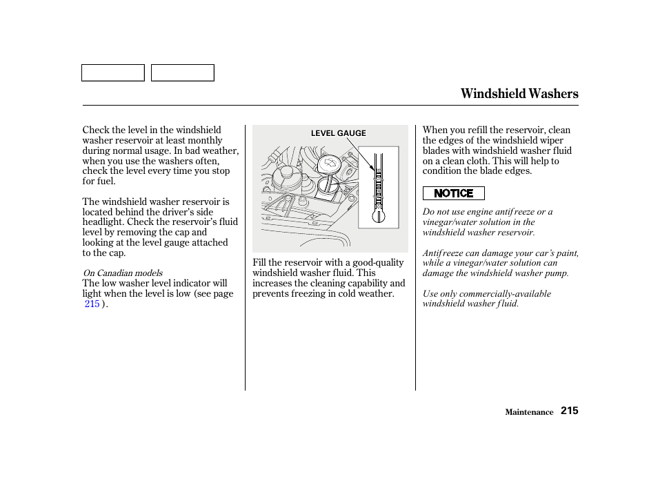 Windshield washers | HONDA 2001 Civic Sedan - Owner's Manual User Manual | Page 218 / 323