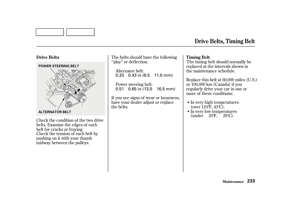 Drive belts, timing belt | HONDA 2001 Civic Sedan - Owner's Manual User Manual | Page 236 / 323