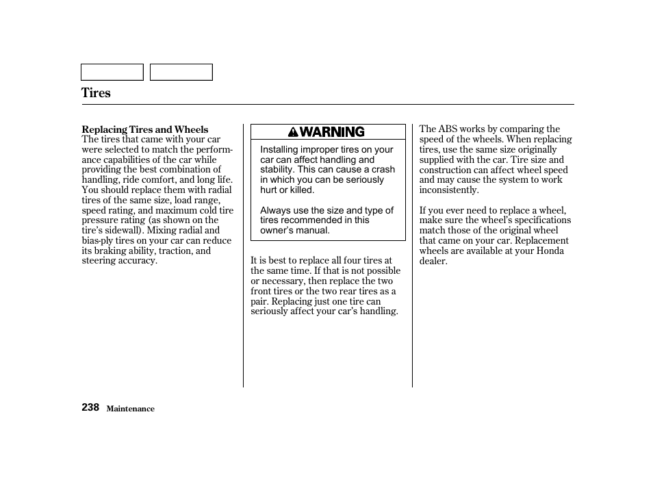 Tires | HONDA 2001 Civic Sedan - Owner's Manual User Manual | Page 241 / 323